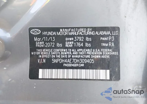 2013 Hyundai Elantra Limited из США, поврежденный, VIN 5NPDH4AE7DH309405